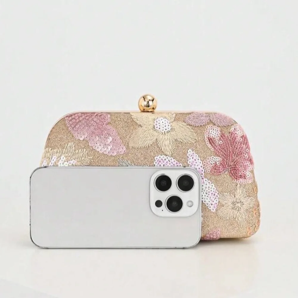 Embroidered Floral Sequin Clutch - Pink & Gold